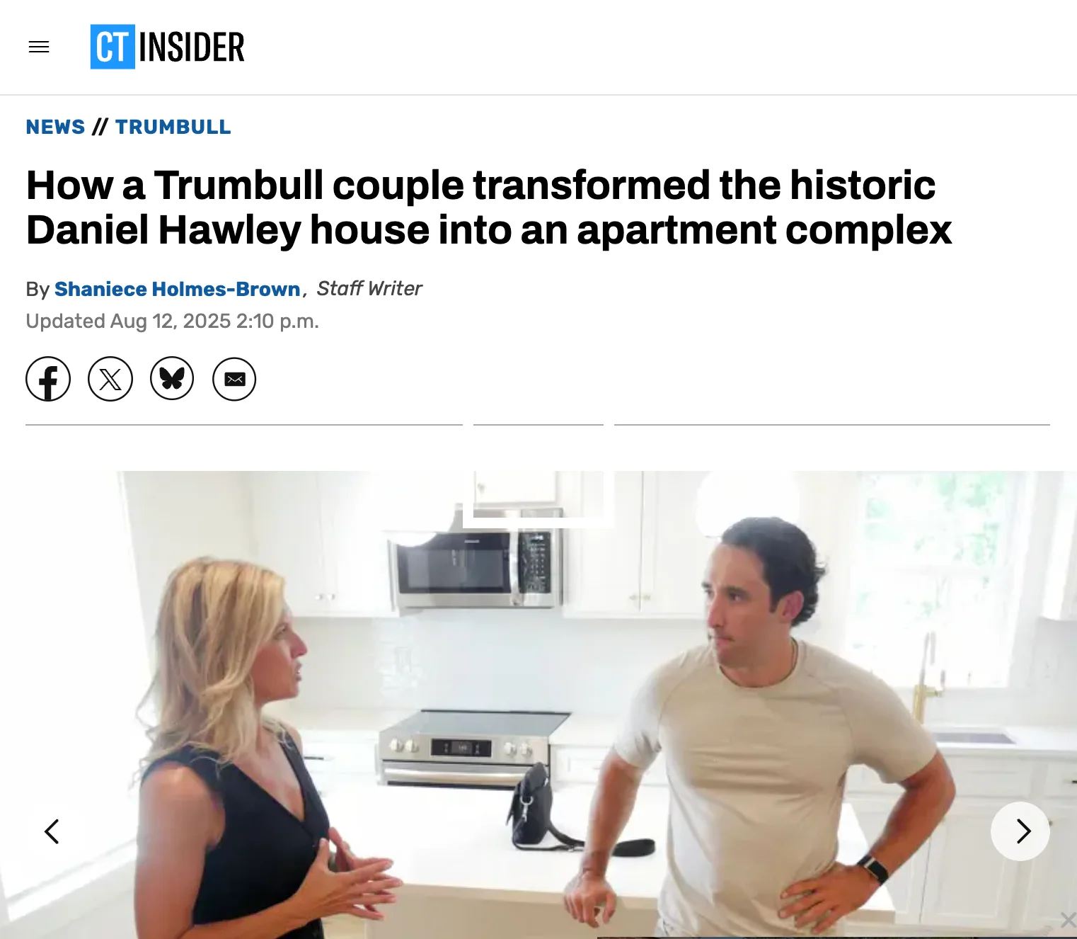 Megan and Dan standing in a renovated kitchen. Image is a screenshot of the title and featured image from a CT Insider post.