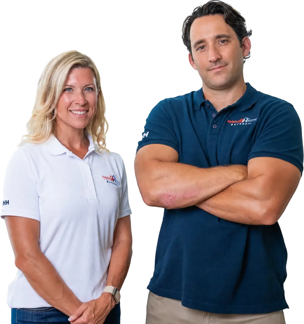 Dan and Meghan of Helpful Home Buyers, local cash home buyers in Connecticut, wearing branded polo shirts